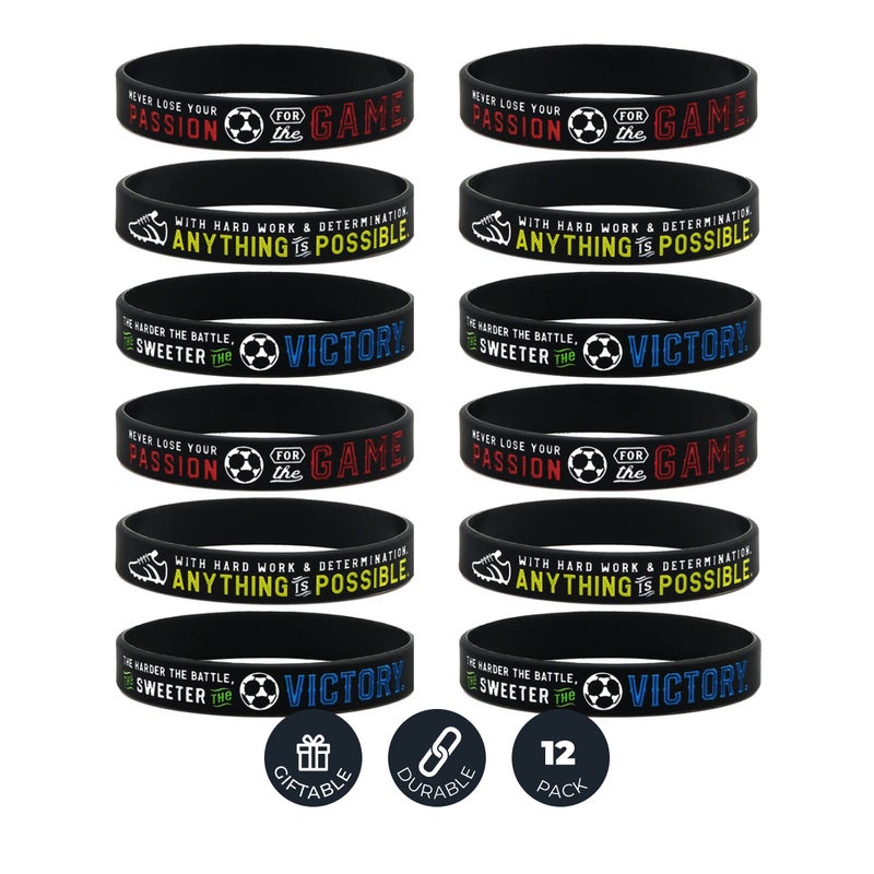 Inkstone (12-pack Soccer Motivational Silicone Bracelets - Wholesale Bulk Soccer Jewelry, Sports Gifts, Party Favors and Supplies, Soccer Bracelet For Boys - Image 1